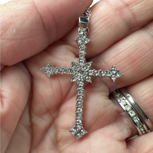 Silver Trendy Cross Pendant Necklace with Rhinestones - Picture 3 of 6